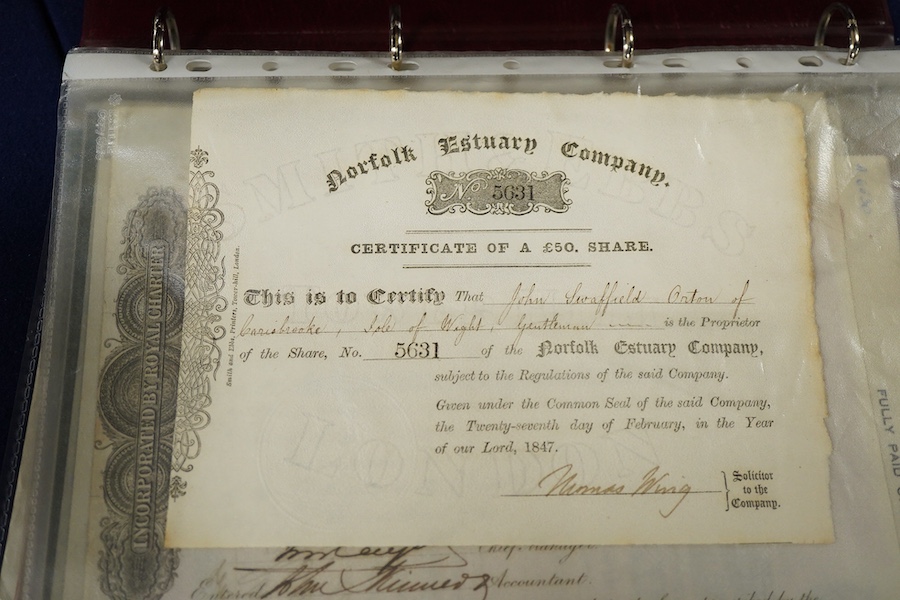 An album of mainly early to mid 20th century railway, bank and engineering share certificates, companies including; Norfolk Estuary Company, Martin’s bank Limited, the Waterloo, Cedar Falls & Northern Railroad, the St. L